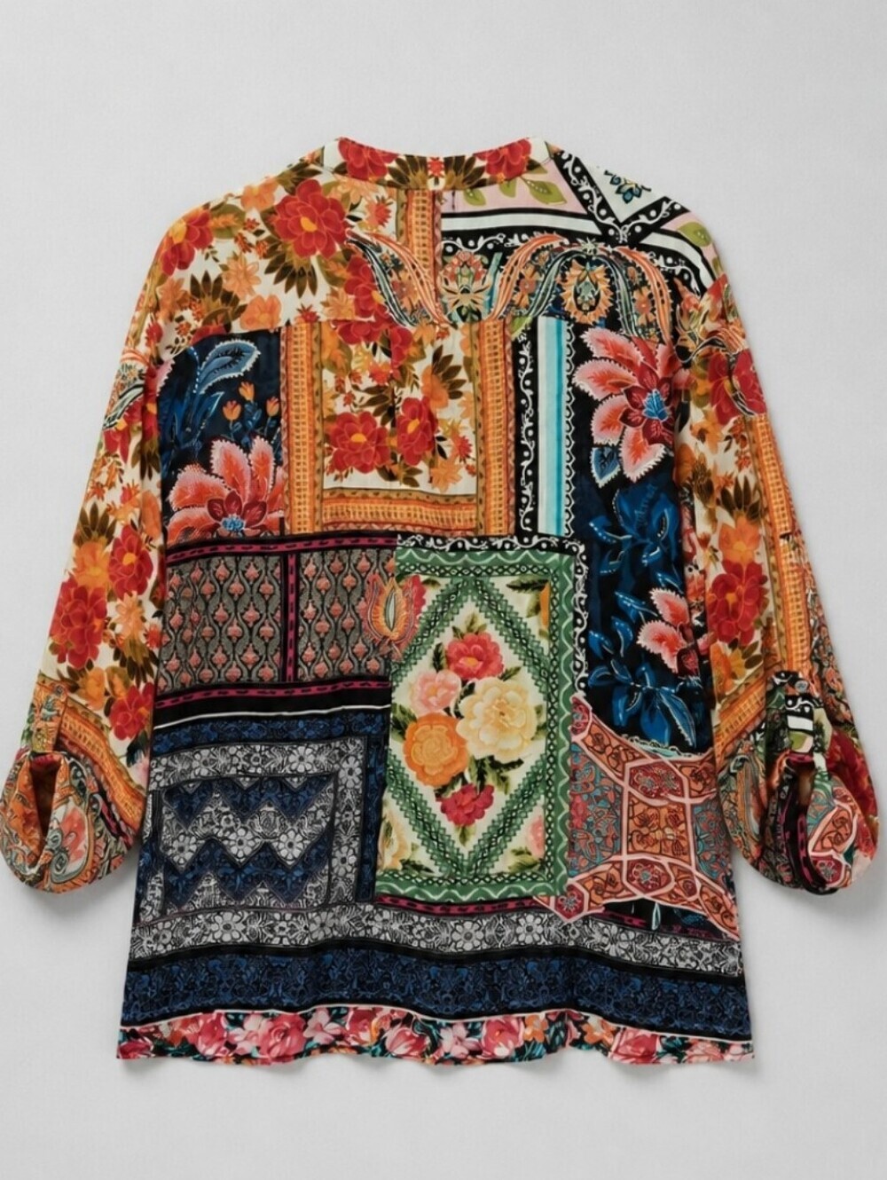Shana Colorful Patchwork Floral Lightweight Tunic Top Roll-Tab Sleeves Size XL - Picture 3 of 9